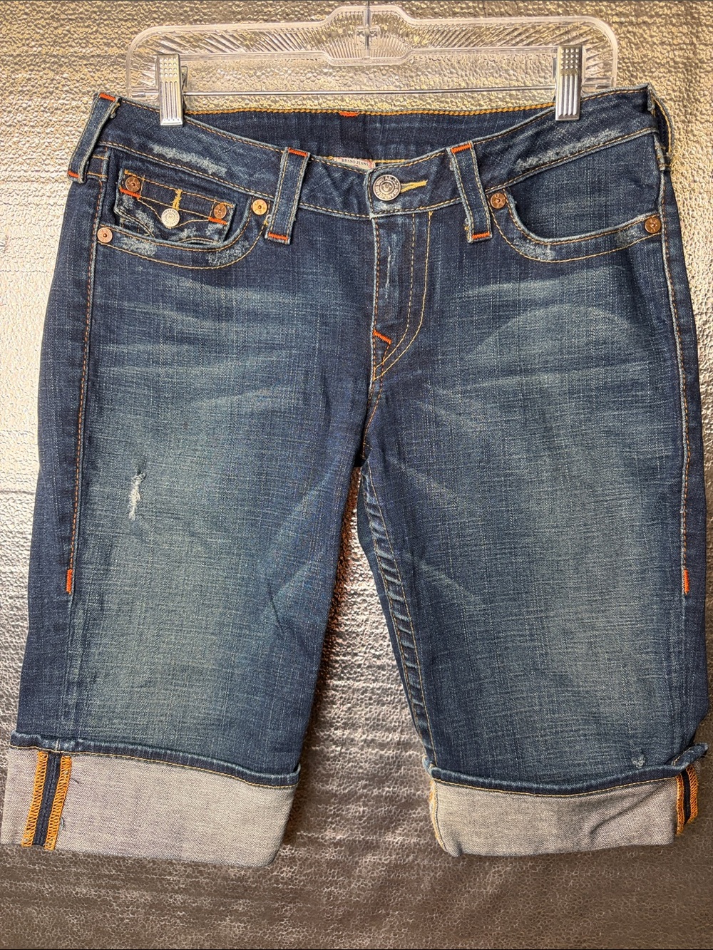 True Religion Indigo Rolled Cuff Denim Bermuda Shorts